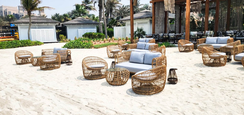 Nest lounge furniture by the beach lounge at French Riviera Beach Restaurant in Dubai