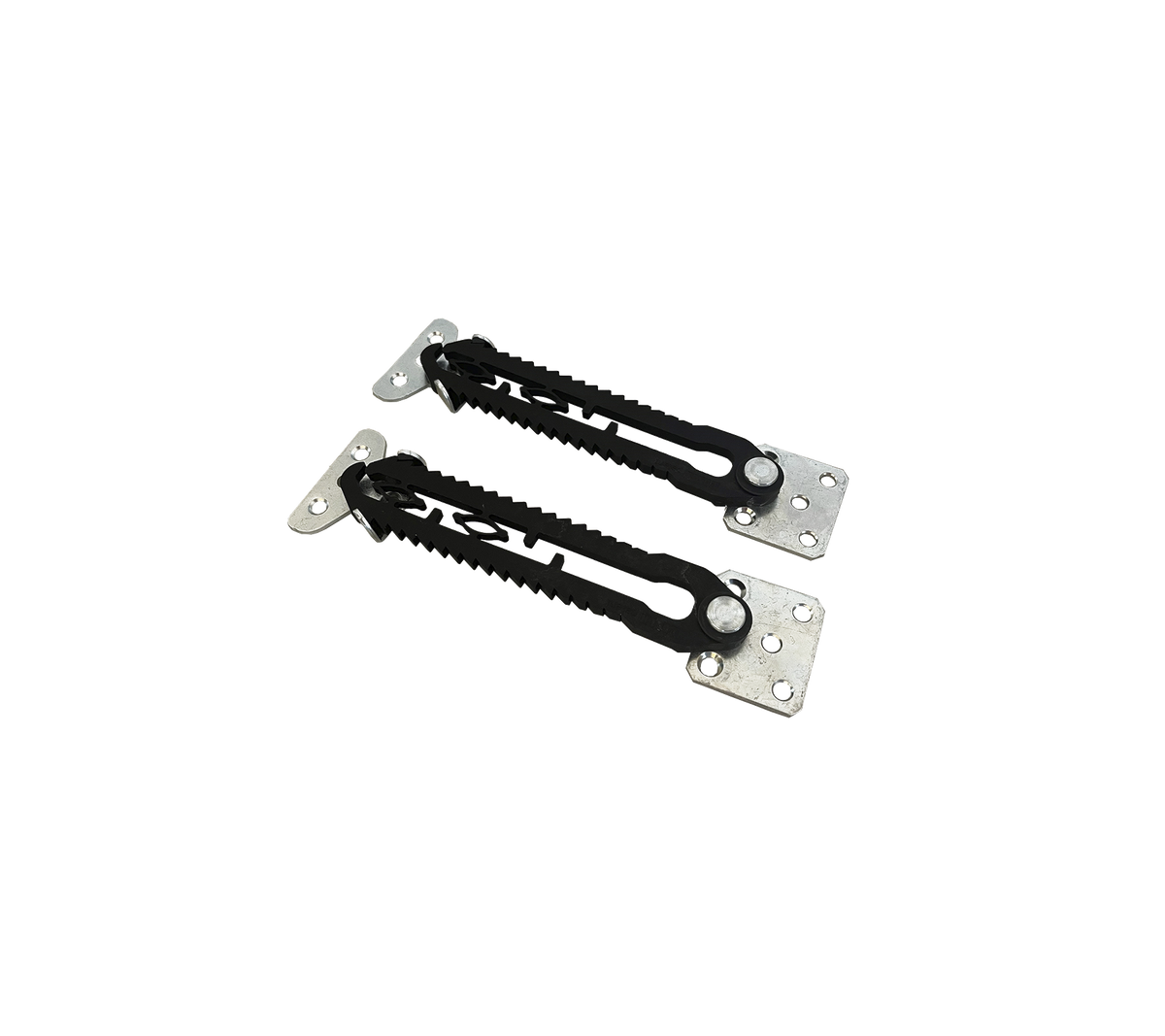 Black and silver adjustable latches, designed for securing and fastening various objects or panels. Suitable for multiple applications.