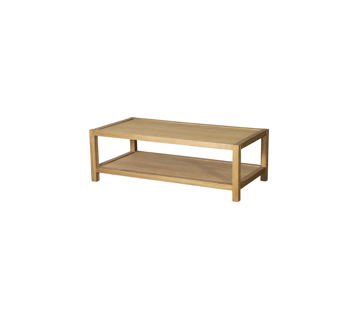 Wooden coffee table with a lower shelf for storage, showcasing a simple and modern design. Suitable for various styles of decor.