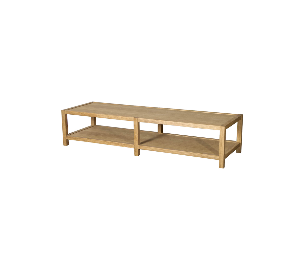 Wooden storage shelf with two open compartments, designed for organizing items and displaying decor.