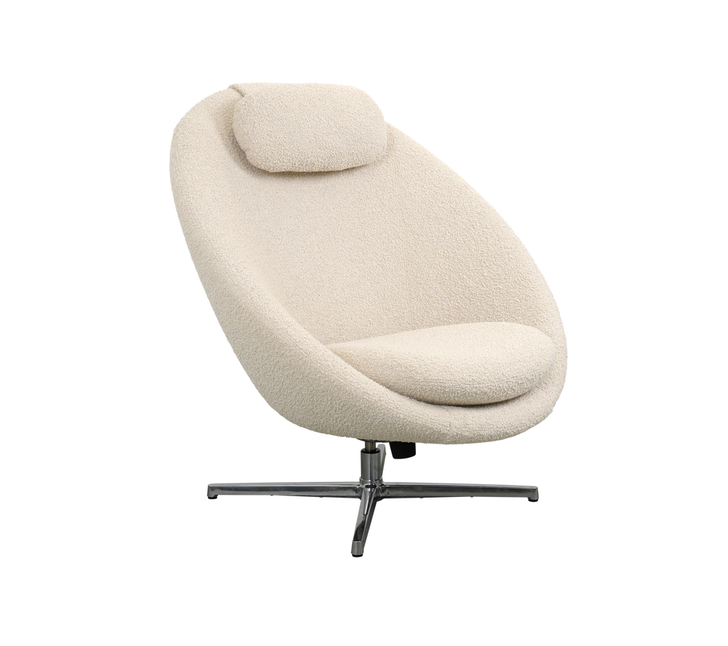 Curved, plush chair with a removable headrest and a stylish base, offering a modern, comfortable seating option.