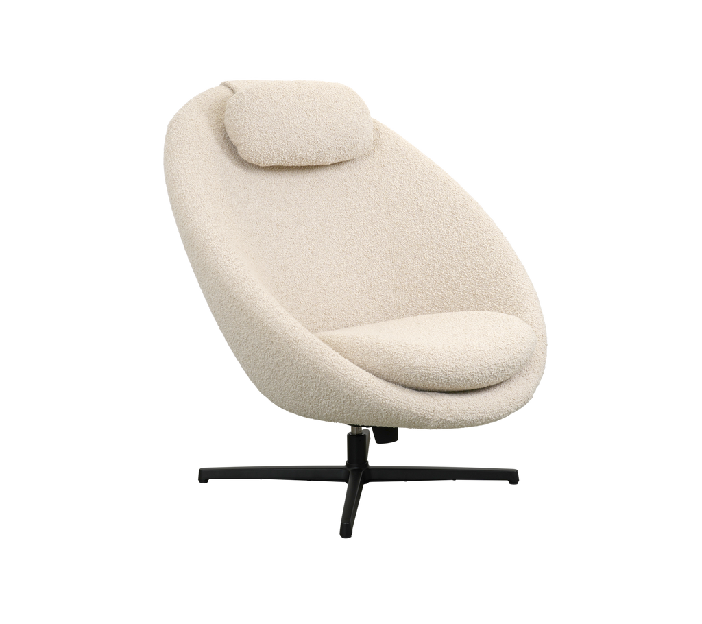 Stylish cream-colored swivel chair with a curved design and a plush headrest, perfect for modern living spaces.