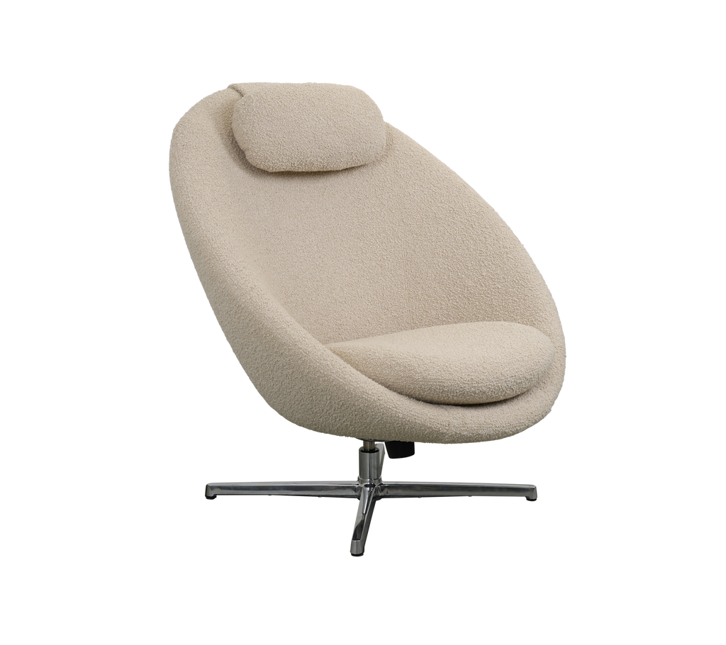 Stylish, modern chair with a curved design, plush padding, and a swivel base in a neutral fabric.