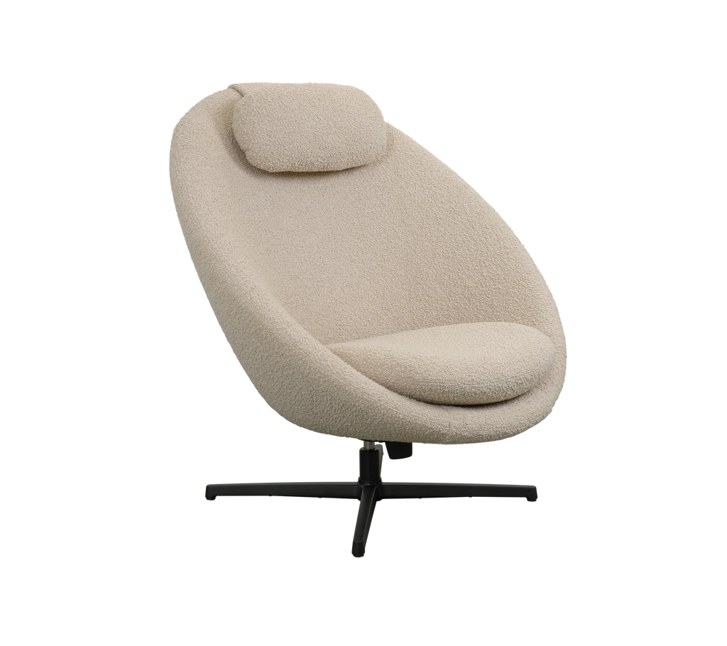Stylish swivel chair with a soft beige upholstery and a comfortable headrest, set on a sleek black base. Perfect for modern living spaces.