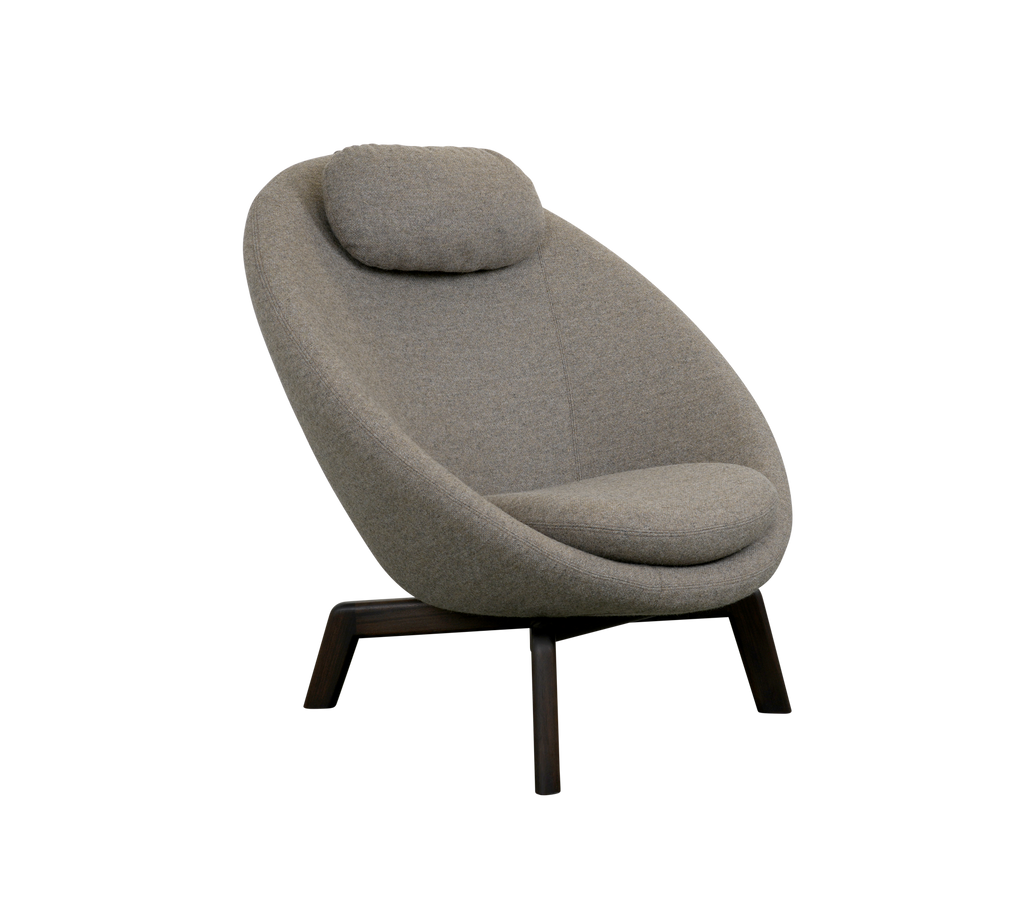 Cozy gray chair with a curved design and a padded headrest, featuring wooden legs for a modern aesthetic. Perfect for stylish relaxation.