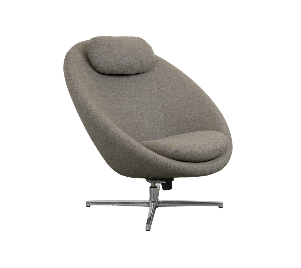 Stylish lounge chair with a curved design, soft upholstery, and a comfortable headrest, resting on a sleek metal base.