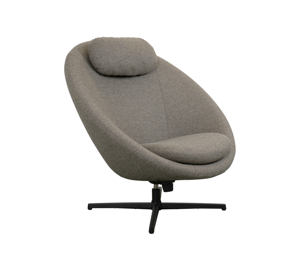 A curved, modern accent chair in light gray fabric with a supportive headrest and a sleek black base, designed for comfort and style.