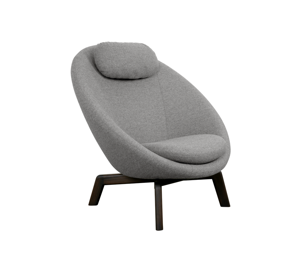 Stylish gray lounge chair with a rounded design and supportive headrest, featuring sleek wooden legs for a modern aesthetic.