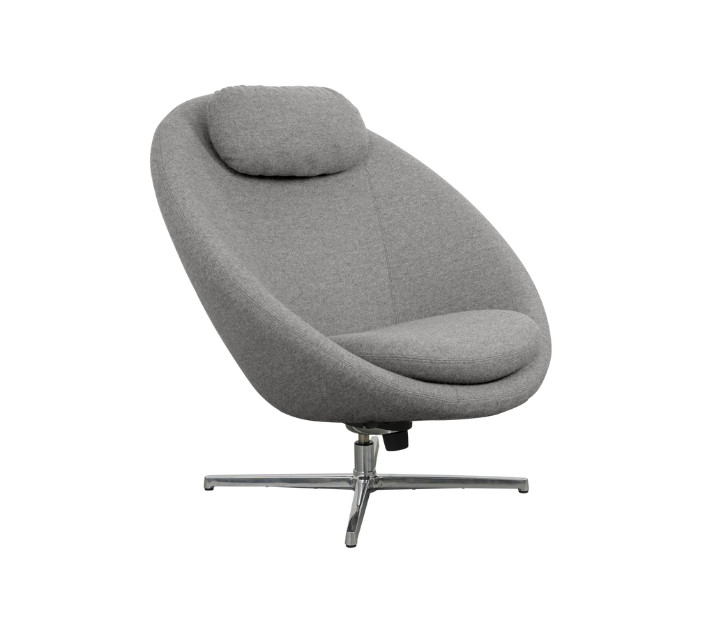 Stylish gray chair with a rounded design and soft upholstery, featuring a cushioned headrest and sleek metal base.