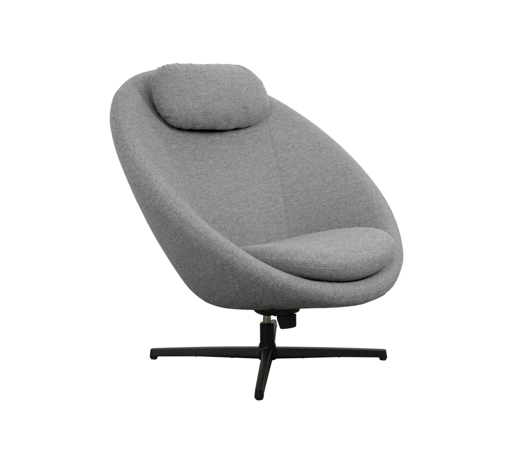 Comfortable gray swivel chair with a modern design, featuring a padded headrest and a sleek, curved silhouette. Perfect for relaxation.