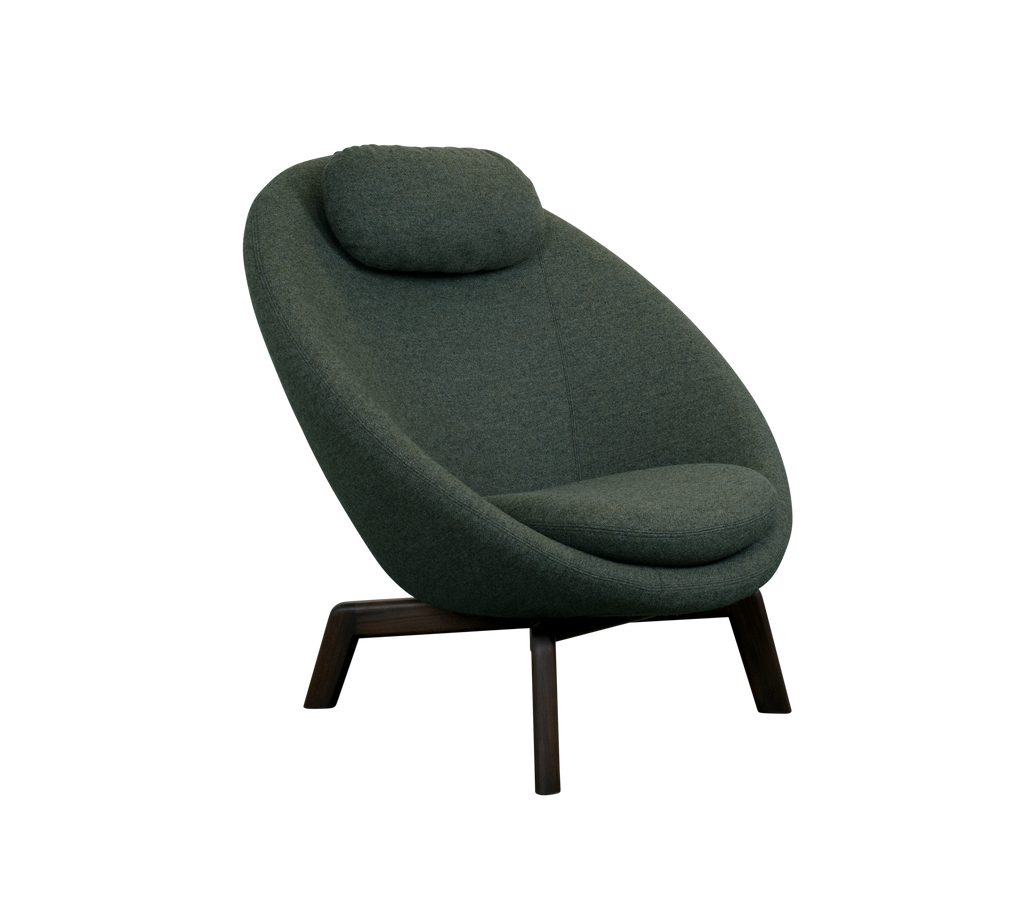 A stylish green lounge chair with a curved back and a soft headrest, supported by sleek wooden legs. Ideal for modern interiors.