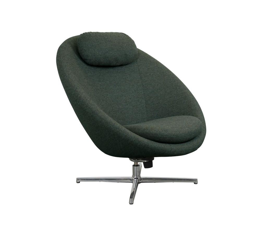 Stylish green upholstered chair with a curved design and a supportive headrest, set on a sleek metal base. Perfect for modern decor.