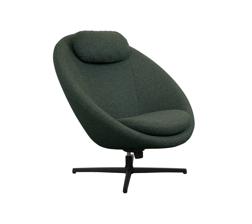 Curved, modern chair in dark green fabric with a supportive headrest, featuring a sleek swivel base for added comfort and style.