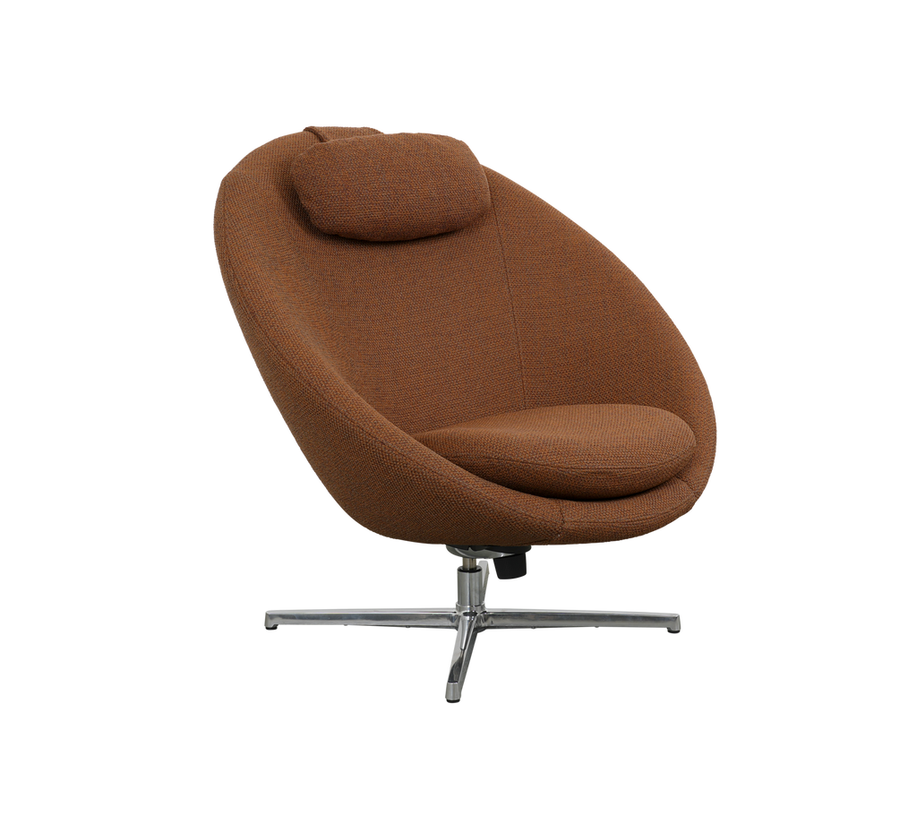 Stylish brown upholstered chair with a curved shape and an adjustable headrest, featuring a sleek chrome base.