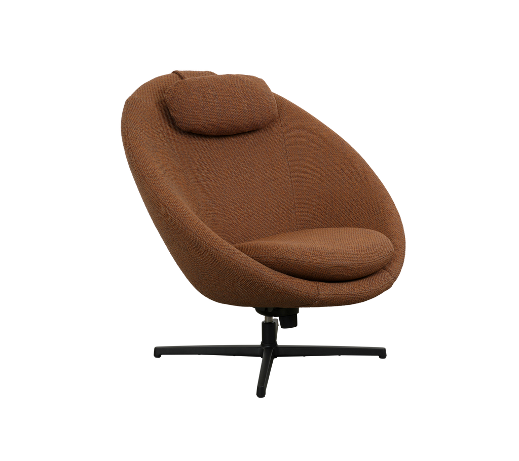 Stylish brown lounge chair with a comfortable, curved design and a supportive headrest, set on a sleek black base.