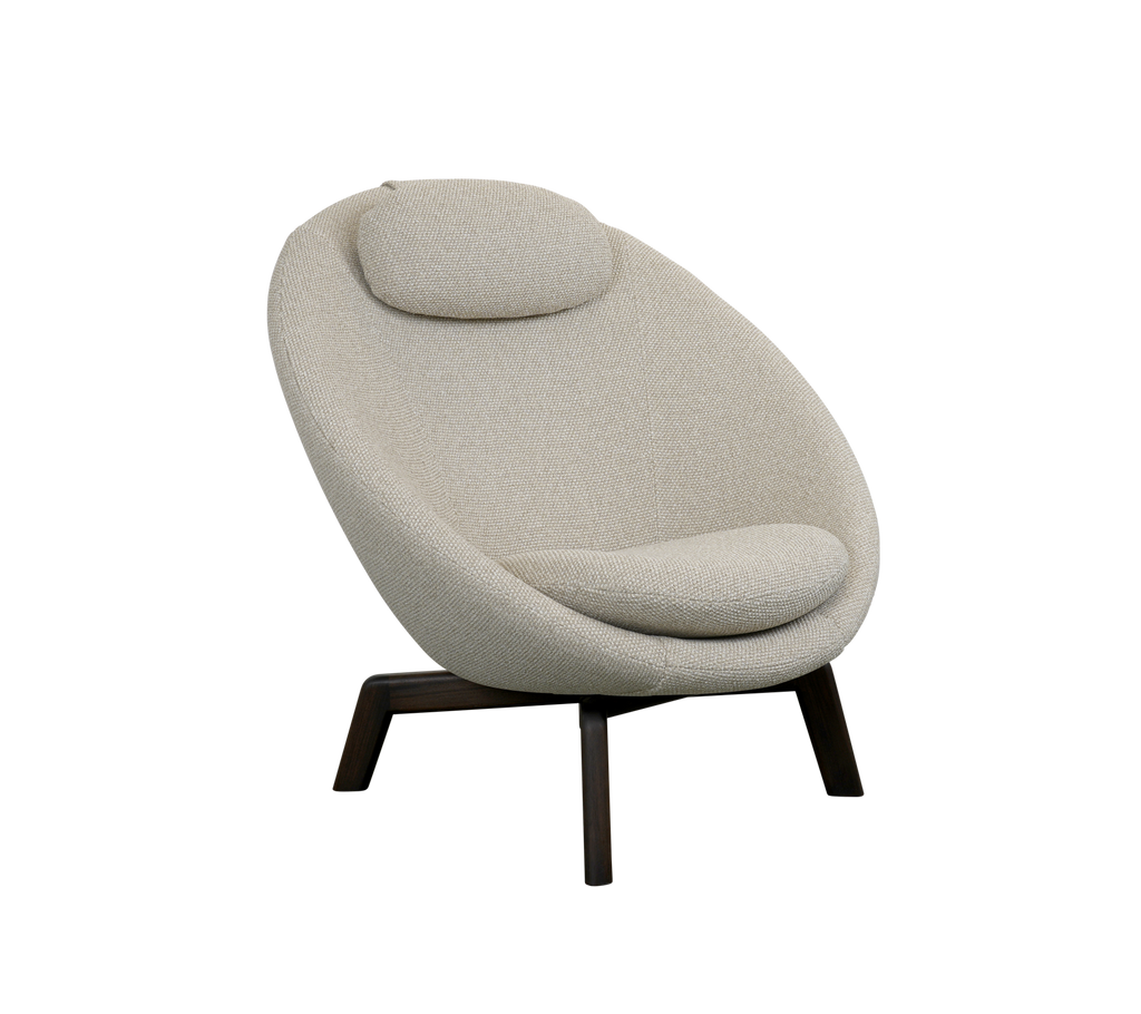 A modern, stylish chair with a rounded design, soft fabric, and a supportive headrest, designed for comfort and aesthetic appeal.