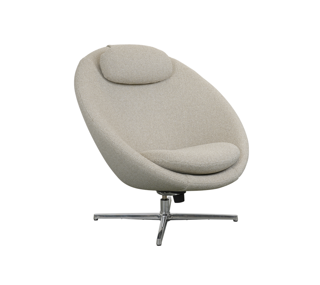 Modern, stylish chair with a rounded shape and plush cushioning, featuring a sleek chrome base for a contemporary look.