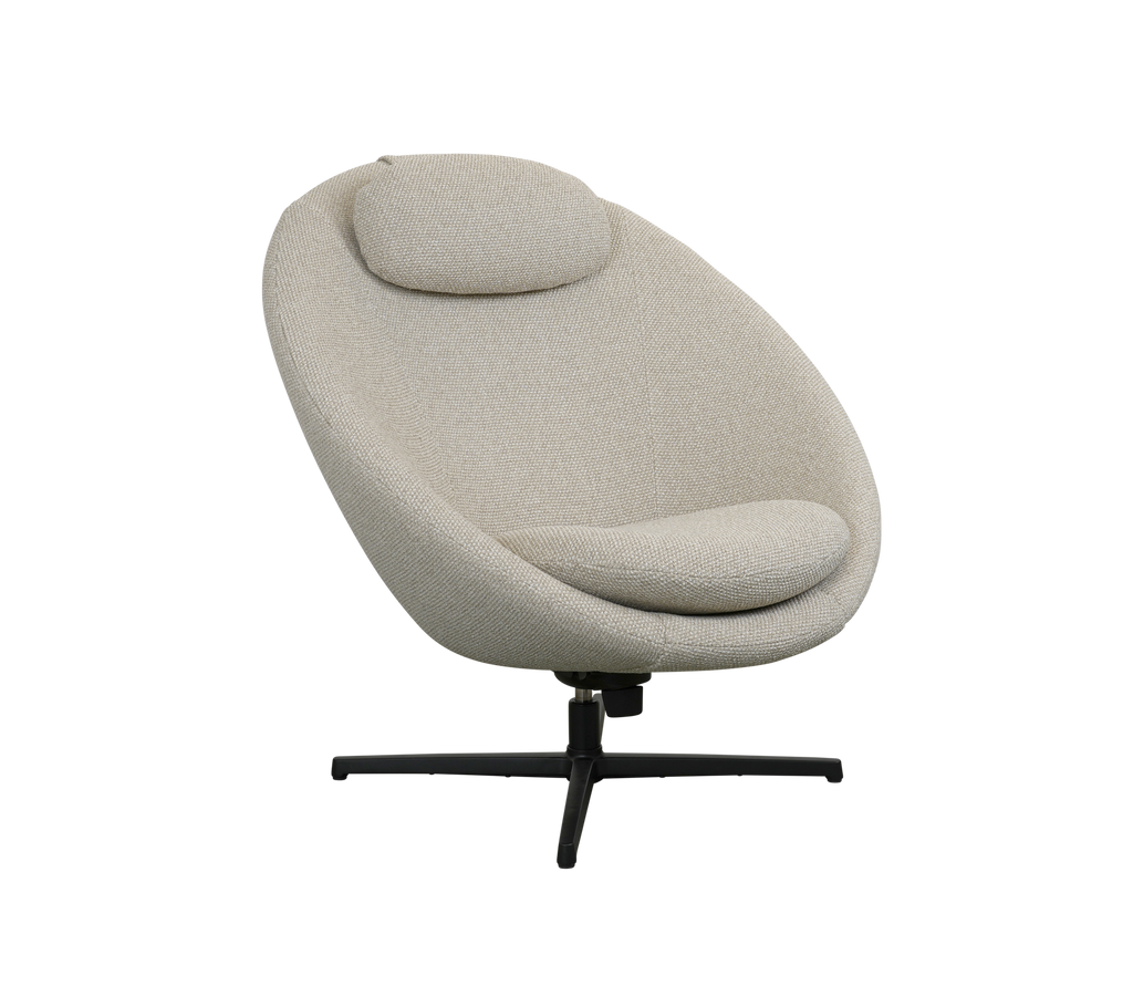 Stylish, modern lounge chair with a comfortable, curved design and soft upholstery, featuring a supportive headrest and a sleek base.