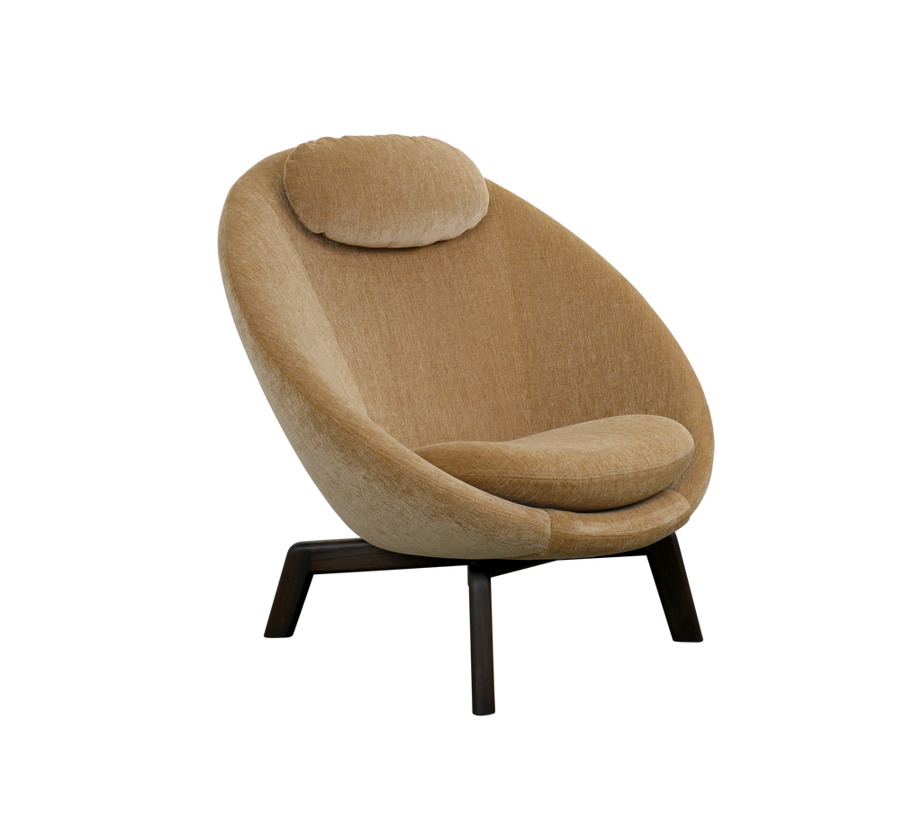 A cozy, contemporary chair with a curved design, featuring a soft cushion and a sturdy base in a warm, neutral fabric.