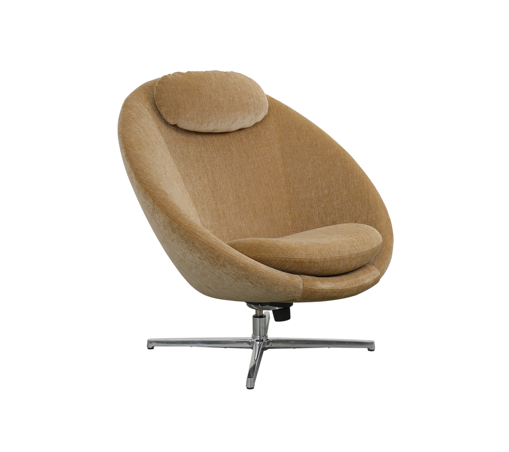 Stylish, modern chair with a rounded design and comfortable upholstery, featuring a supportive headrest and a sleek swivel base.