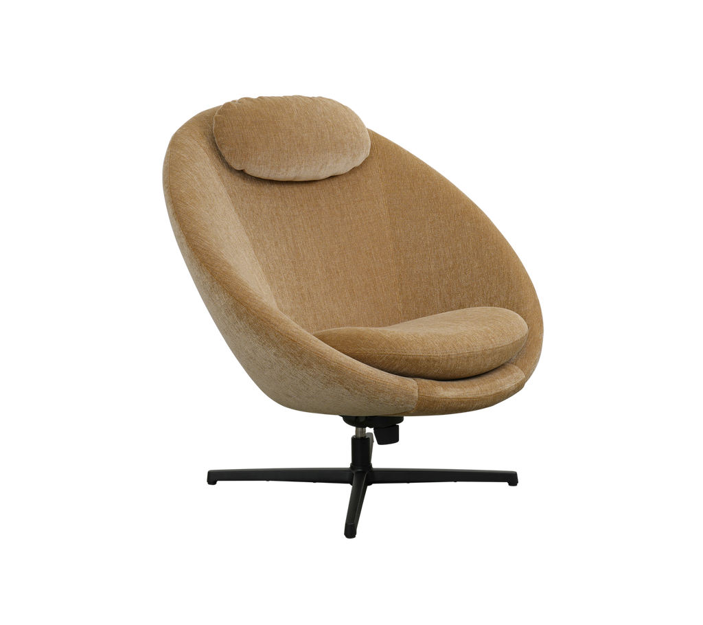 A stylish, round, upholstered chair with a cozy headrest and a sleek black base, perfect for modern decor.