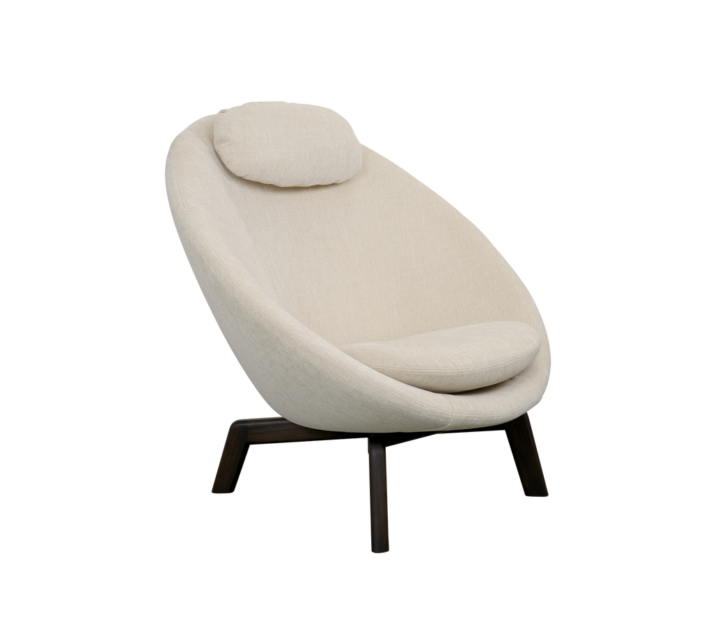 Stylish, modern chair with a curved design, featuring a soft cushion and wooden legs, perfect for adding comfort to any space.