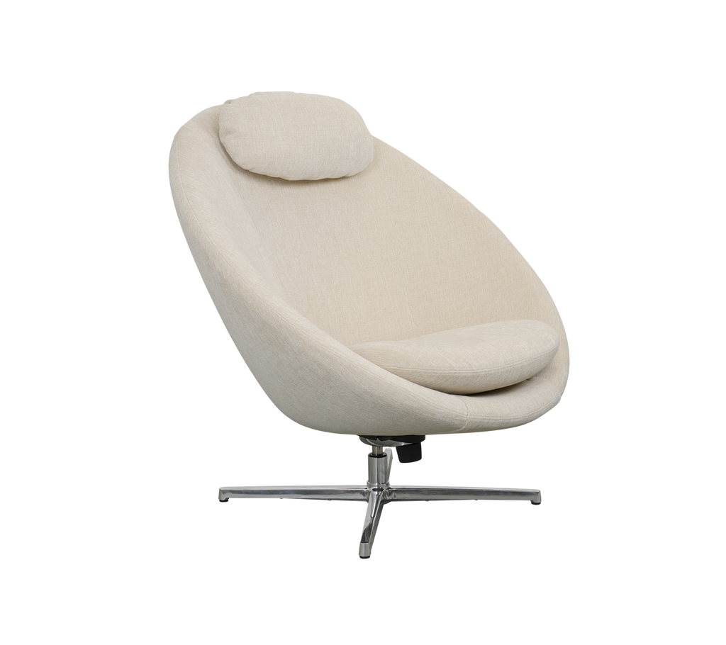Stylish and modern accent chair with a soft, rounded shape and a supportive headrest, featuring a sleek metal base.