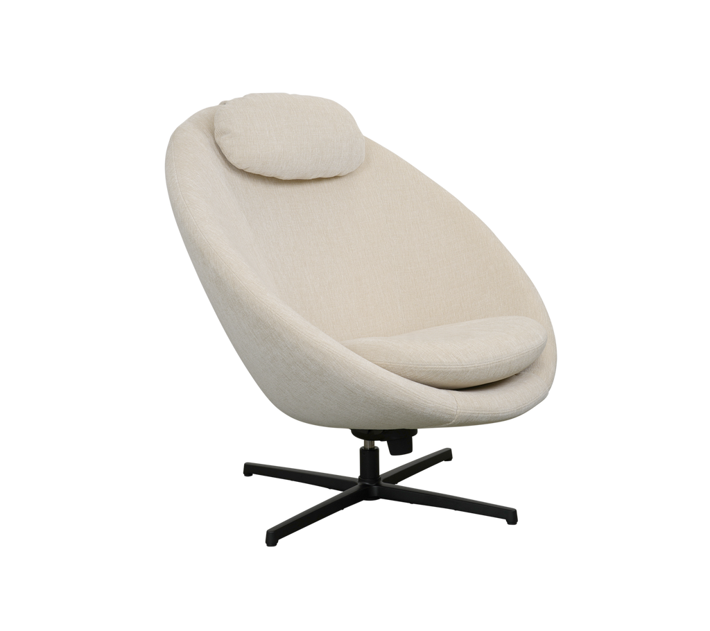 Elegant, soft beige chair with a curved design and cushioned headrest, resting on a sturdy black base. Perfect blend of comfort and style.