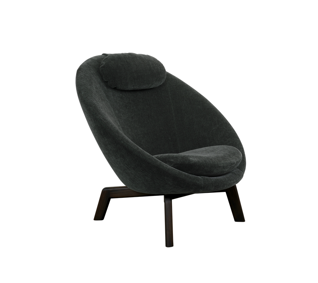 Stylish dark gray upholstered chair with a rounded backrest and a cushioned seat, complemented by wooden legs. Ideal for modern spaces.
