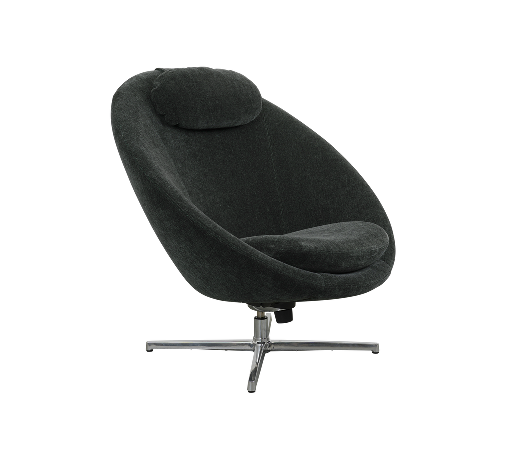 Stylish dark upholstered chair with a curved design and a comfortable backrest, featuring a sleek metal base for modern appeal.