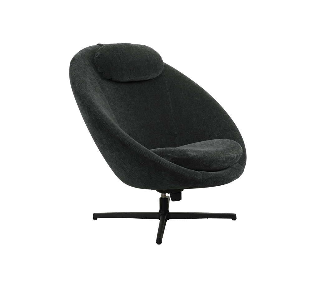 Stylish, modern chair featuring a rounded design and upholstered in soft fabric with a sleek metal base for stability.