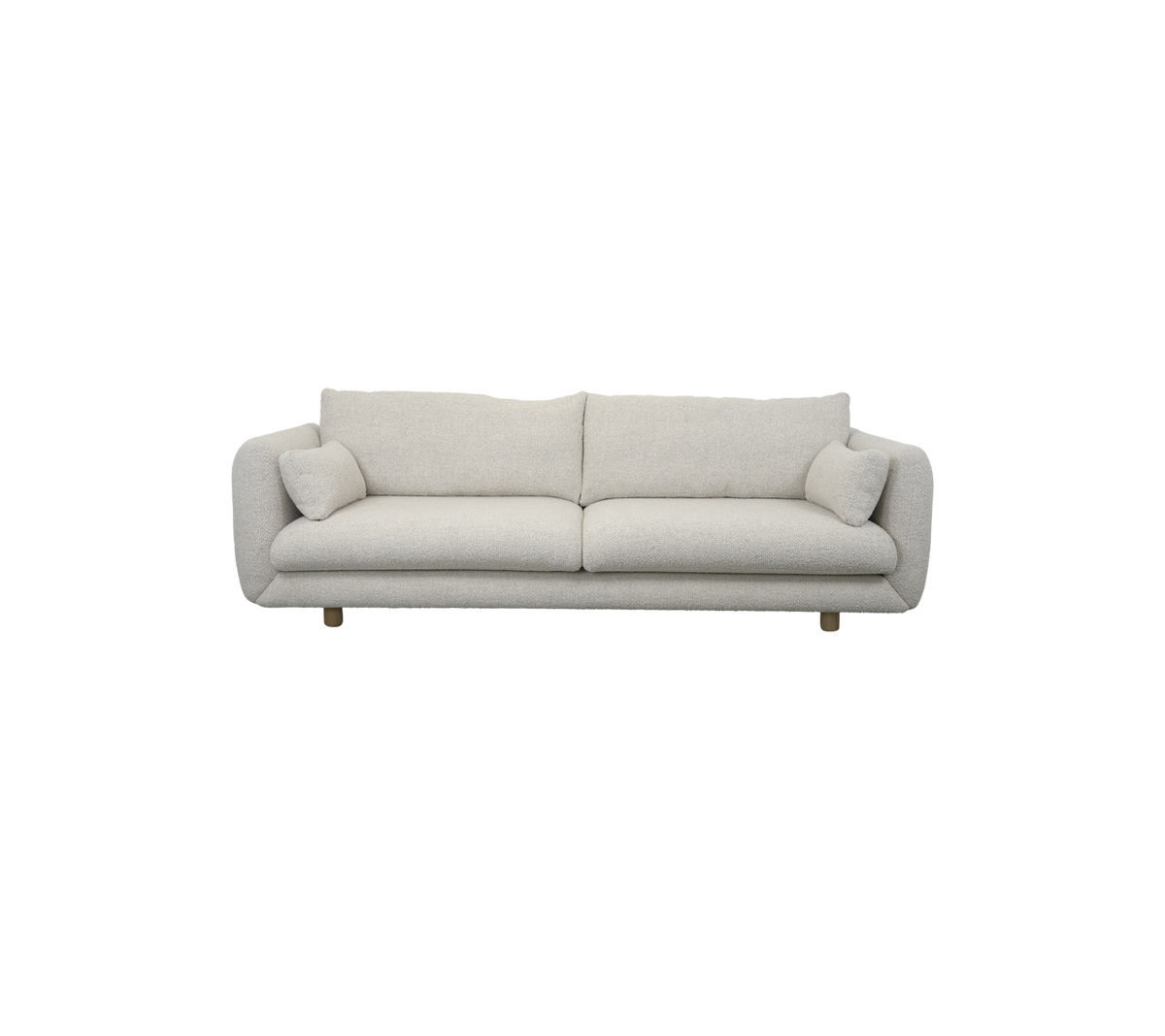 Light-colored, plush sofa with two matching cushions, featuring a modern design and clean lines for a stylish seating option.