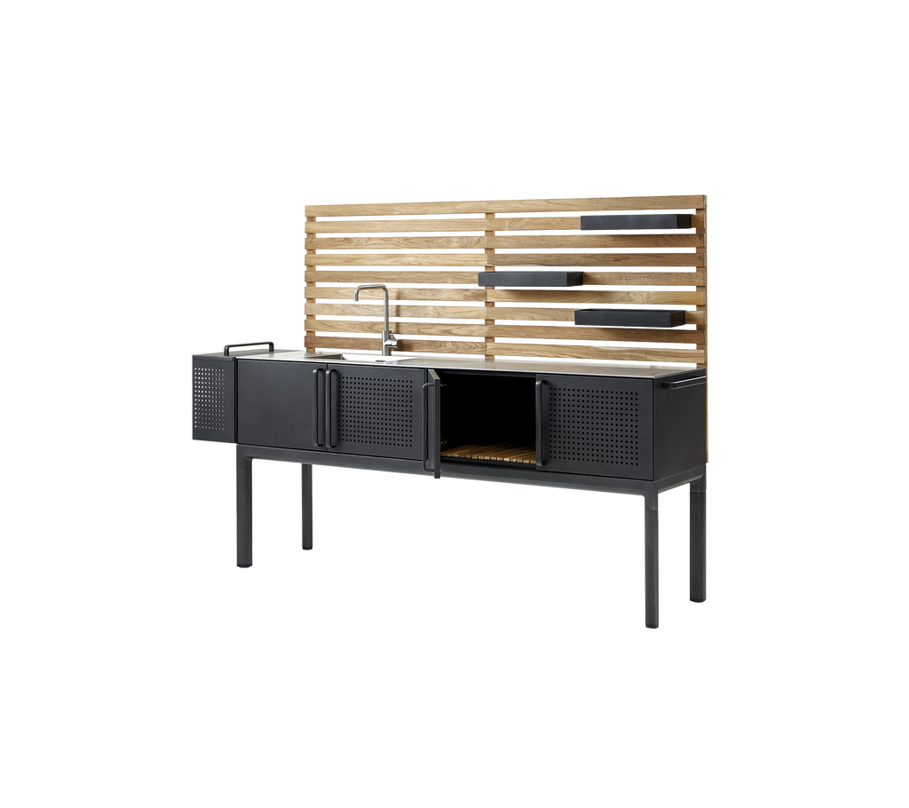 Modern black cabinet with a teak backdrop in a kitchen setting.