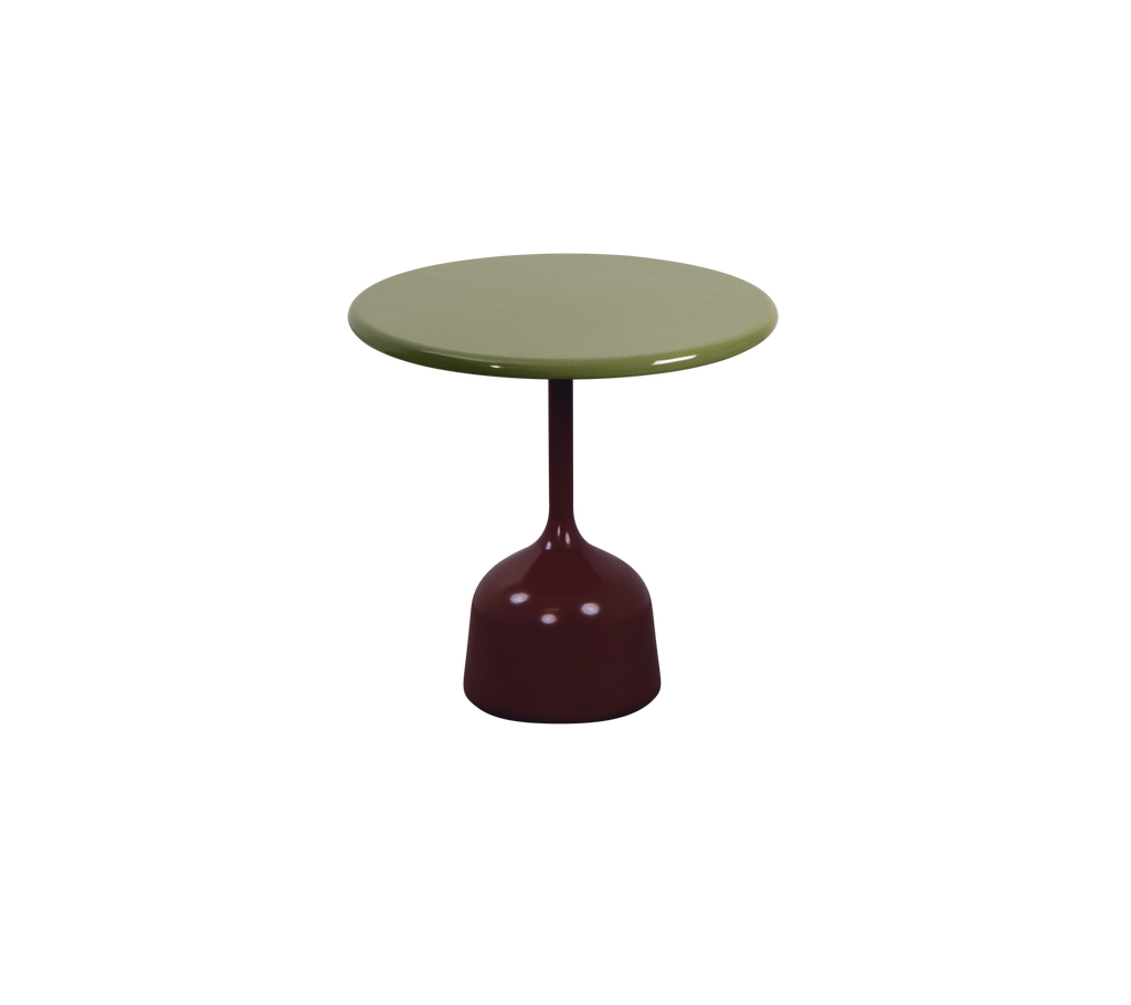 Green table with a burgundy base in a modern design.