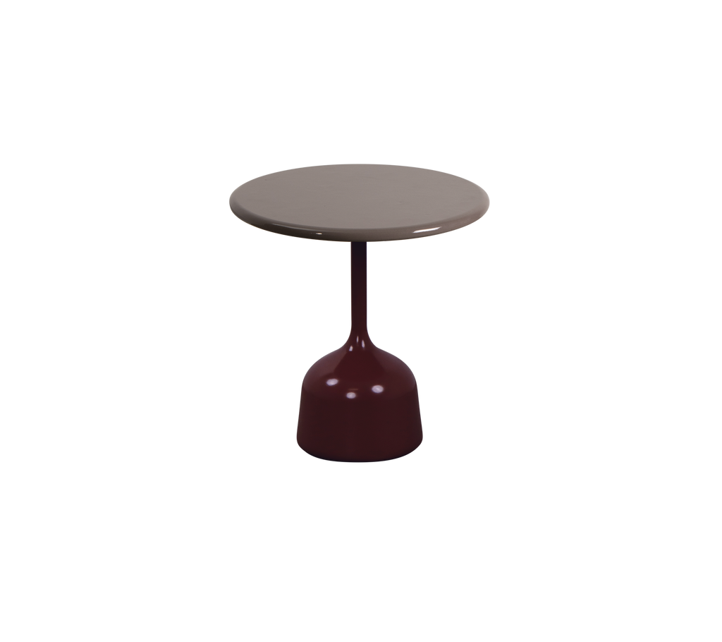 Burgundy table with taupe top in a simple design.