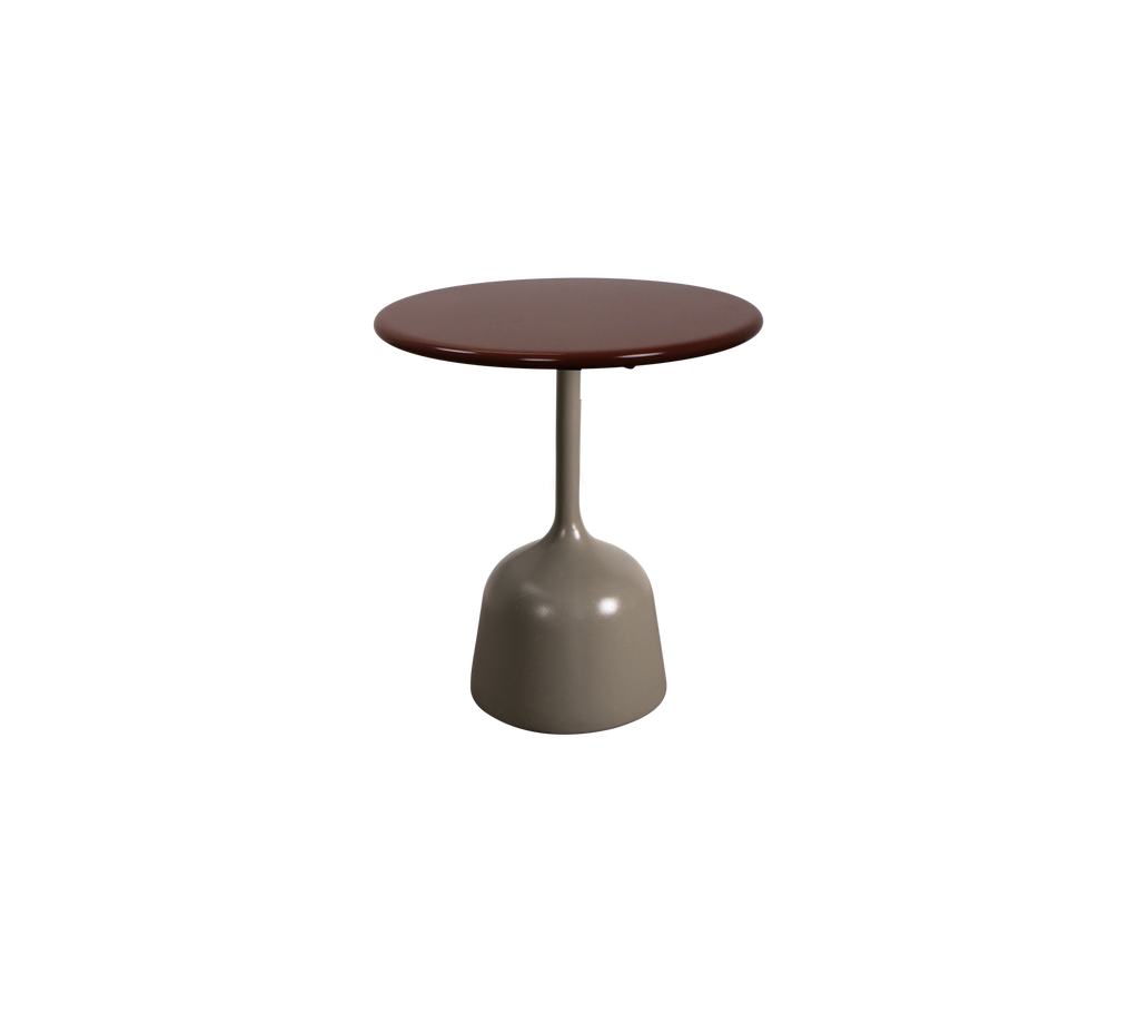 Burgundy round table with a taupe base.