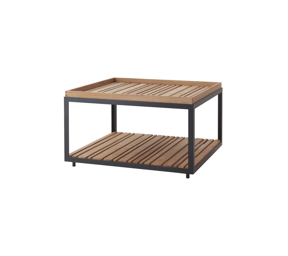 Stylish wooden slatted table with a modern metal frame, featuring an open shelf for additional storage or display.