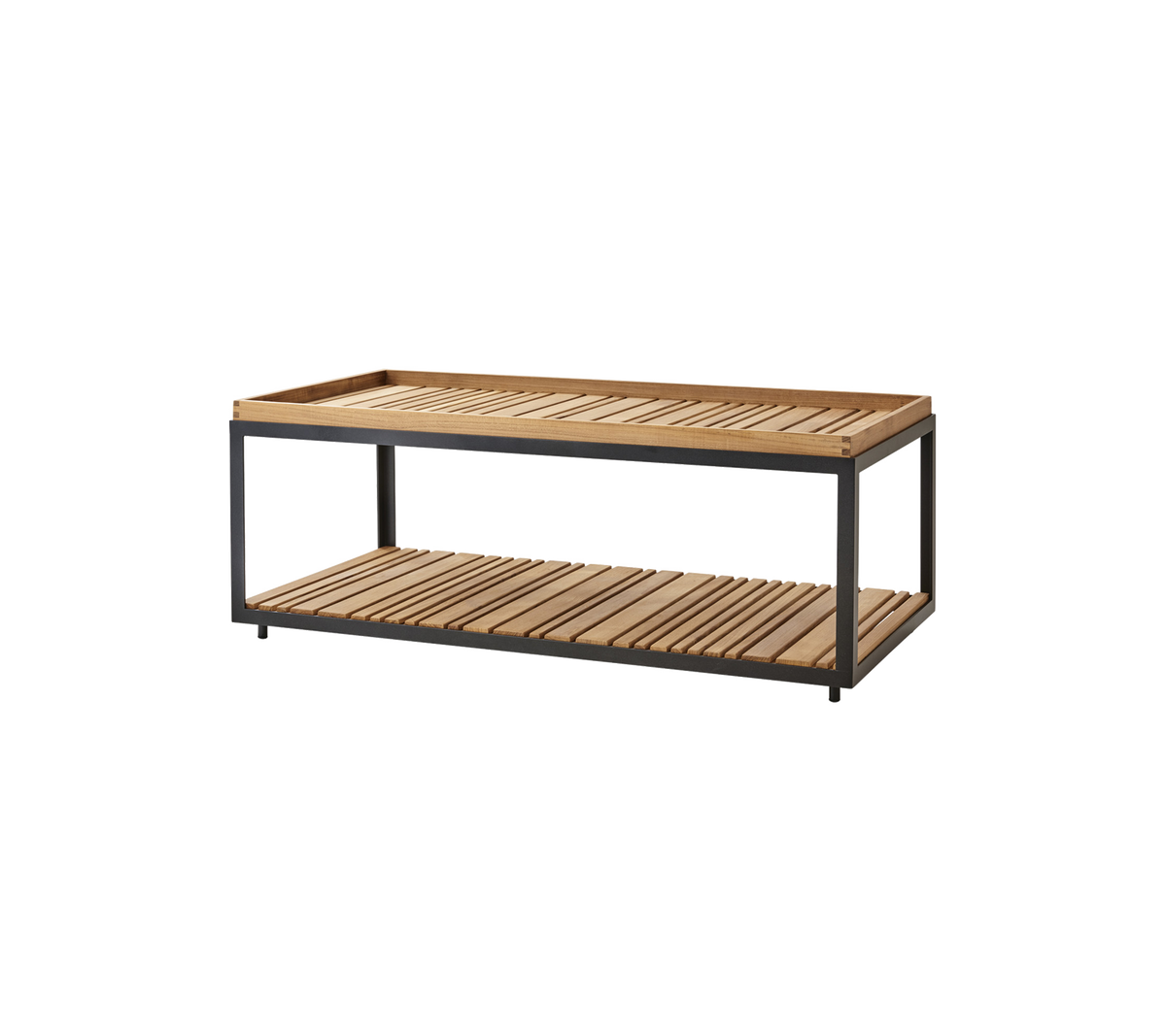 Wooden coffee table with slatted design and metal frame, featuring two levels for storage or display. Ideal for modern living spaces.