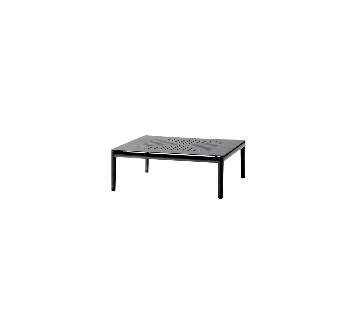 Square black table with a slatted top and sturdy legs, suitable for various settings and purposes.