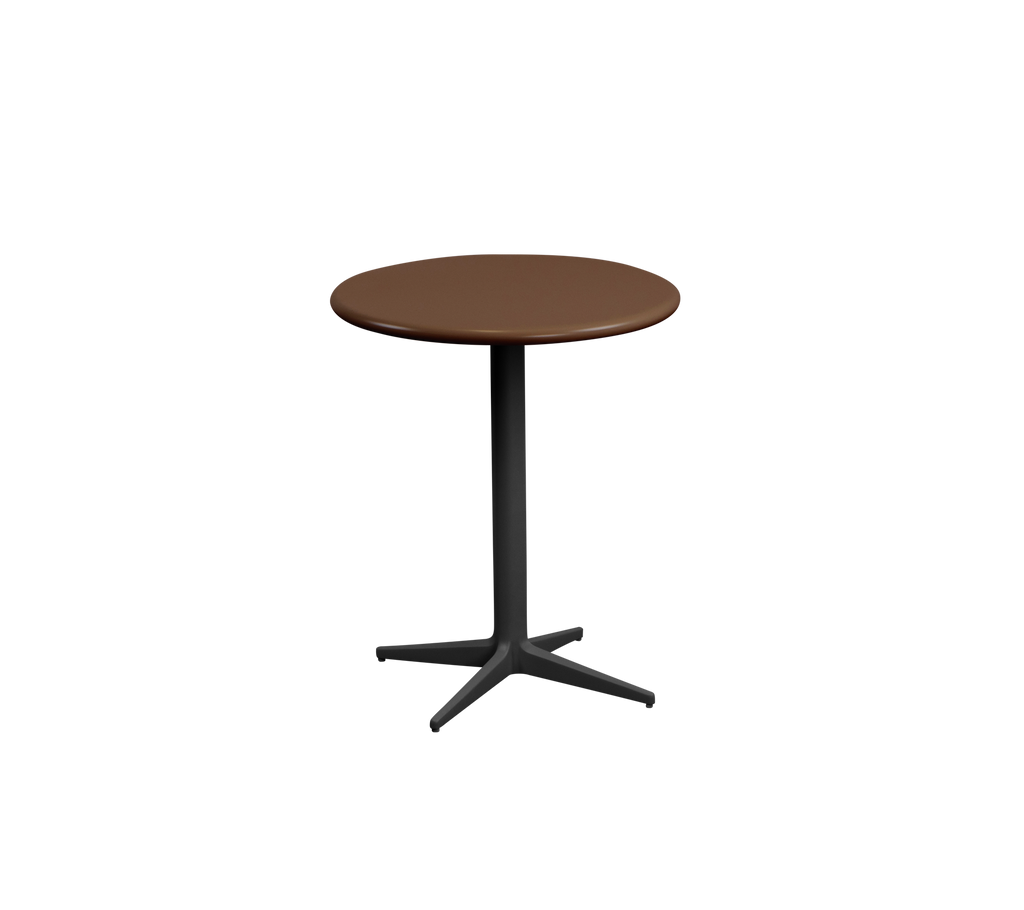 Round brown table with a black base.
