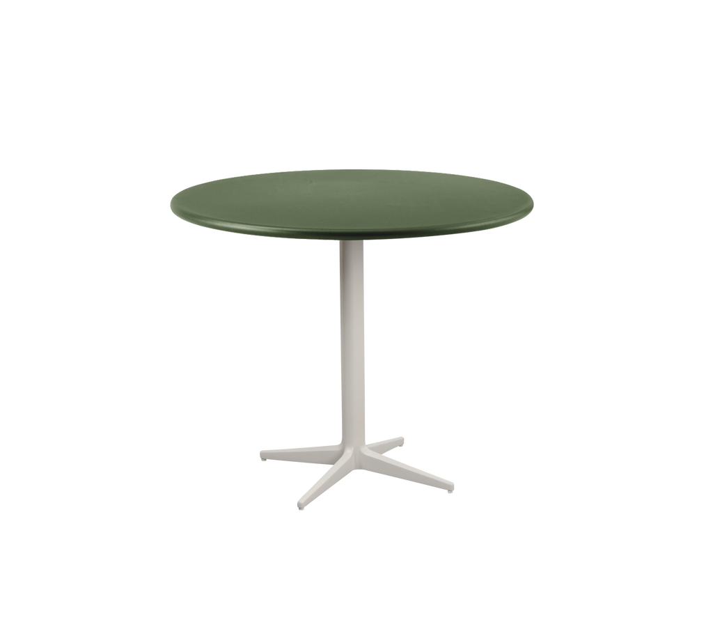 Dark green round table with a white base.