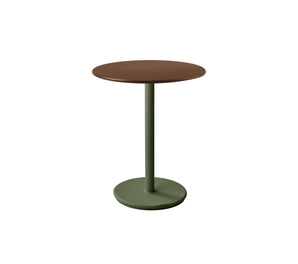 Round table with a brown top and dark green pedestal base.