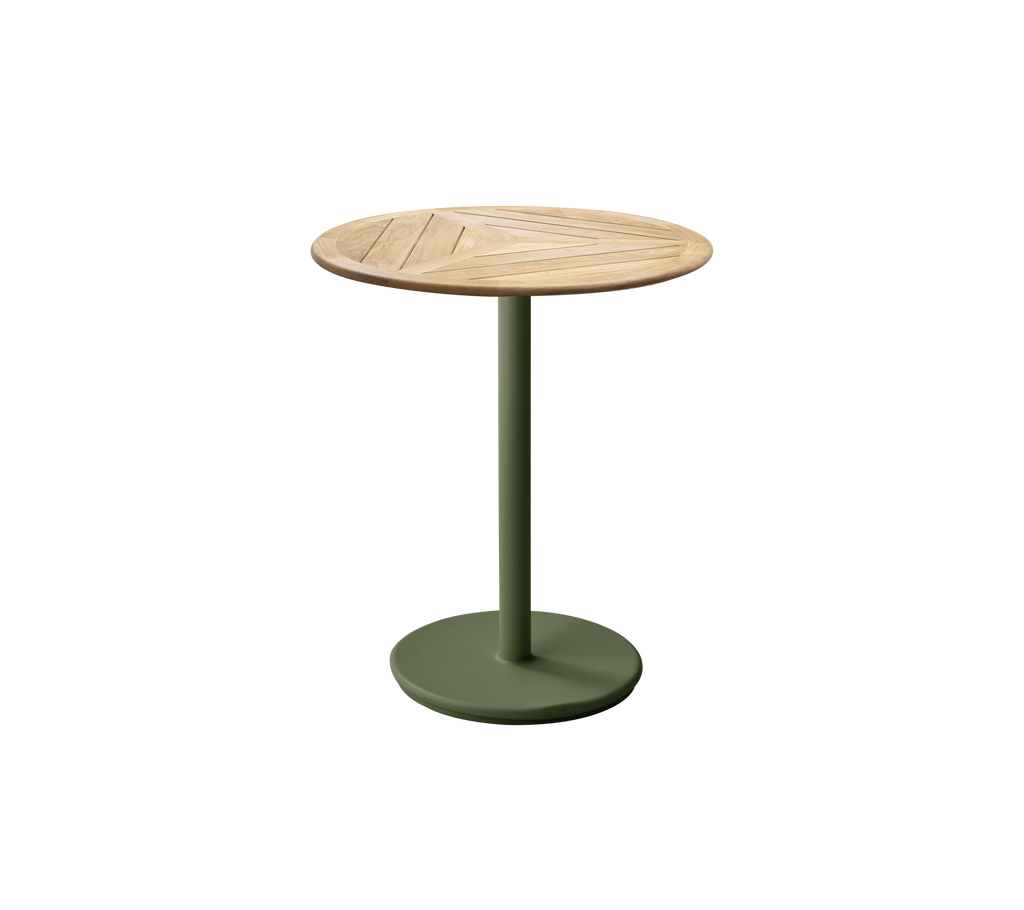 Modern dark green table with a teak top.