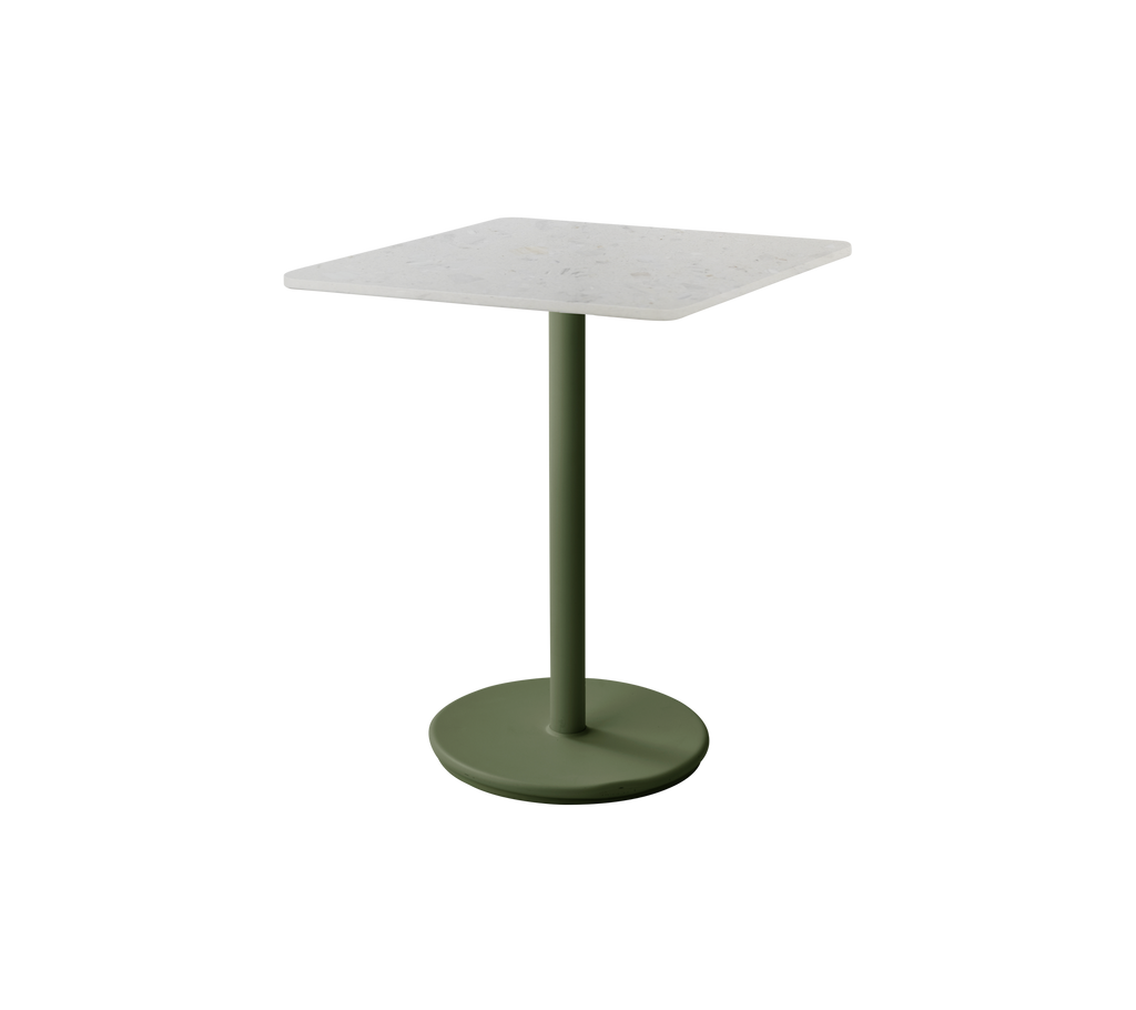 Square white table with a dark green base.