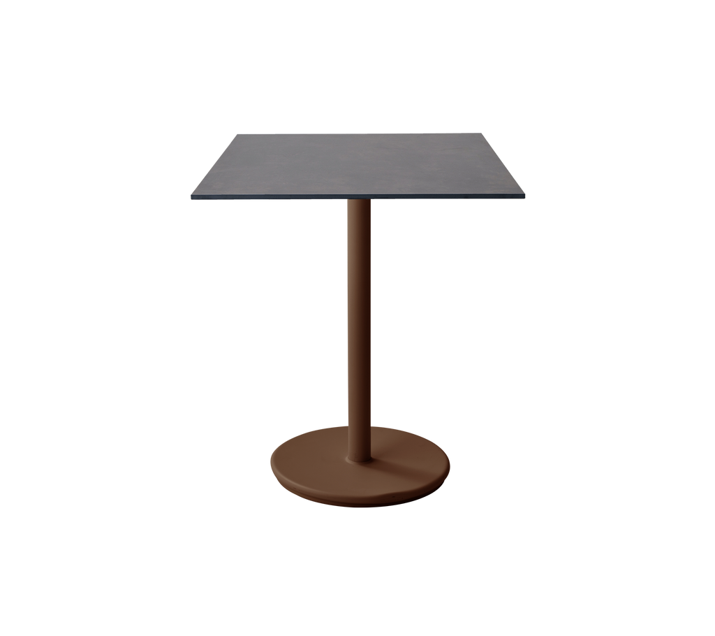 Modern table with a dark grey top and desert red base.
