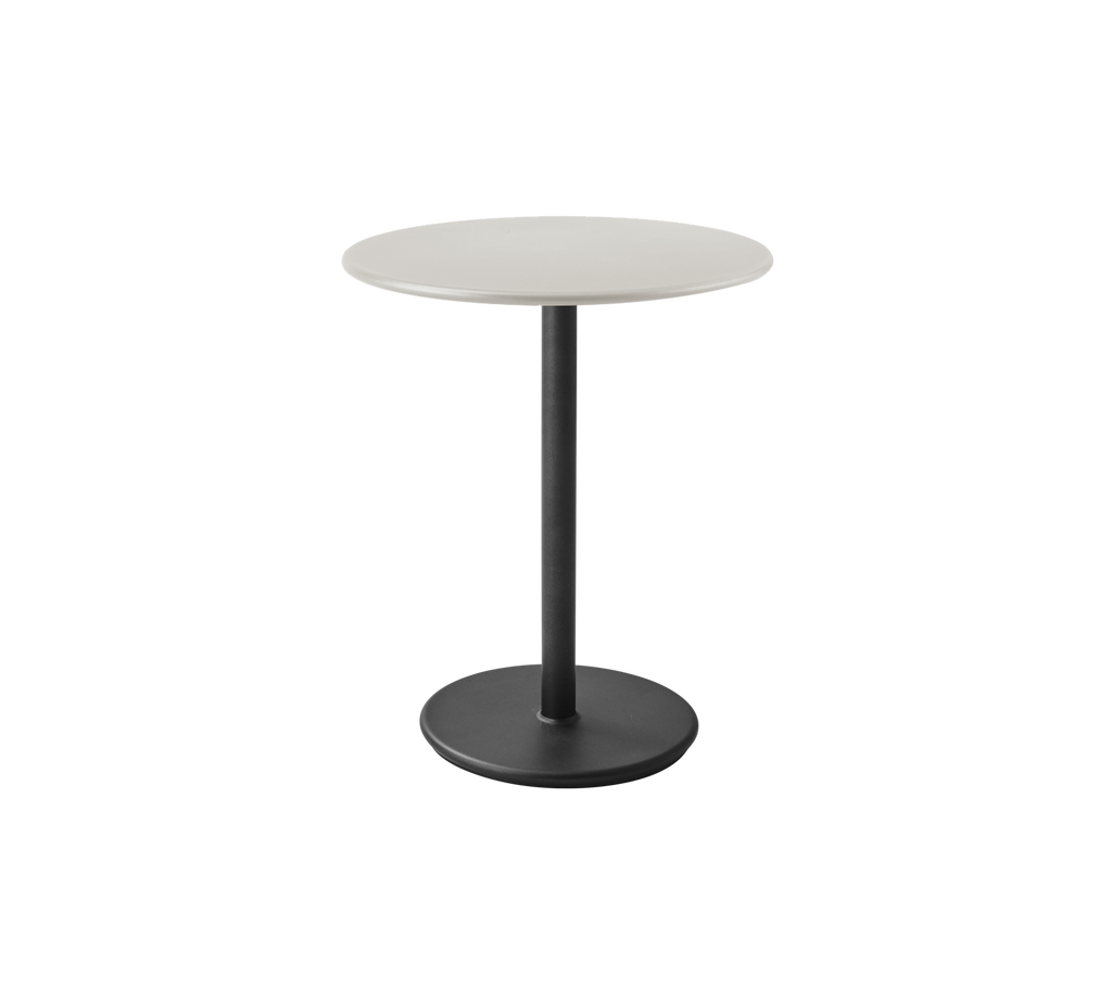 Modern grey table with a round top and a black base.