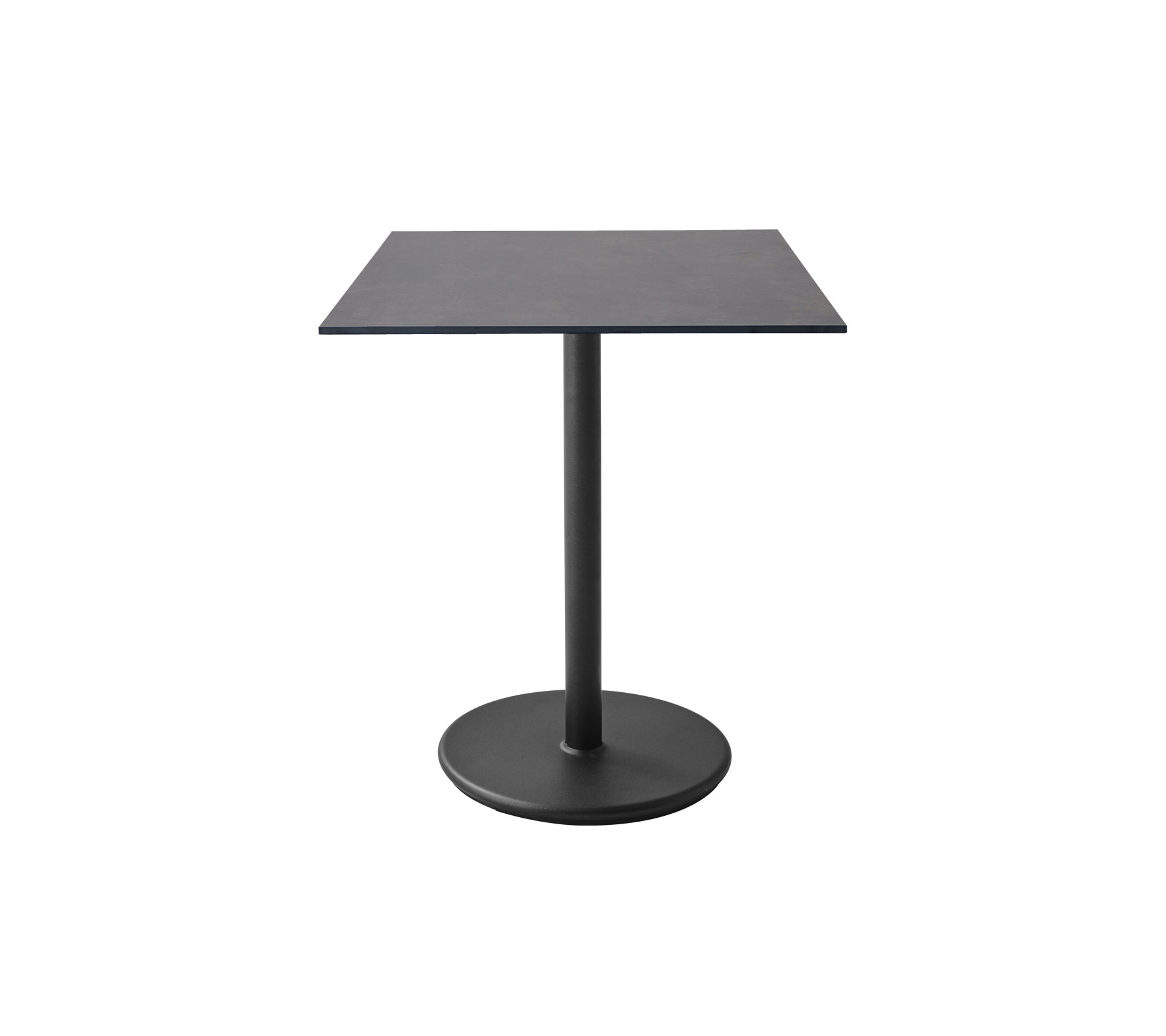 Square table with a sleek surface and a sturdy round base, designed for modern spaces and versatile use.