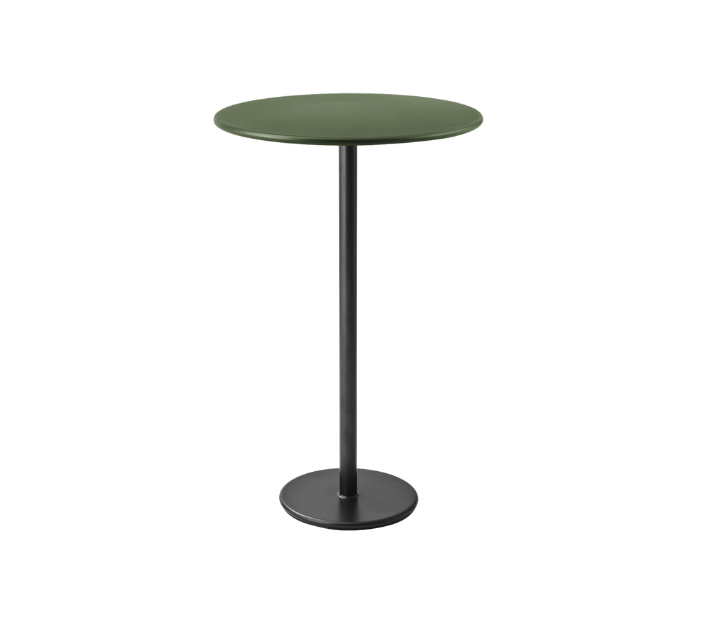 Dark green round table with a black base.