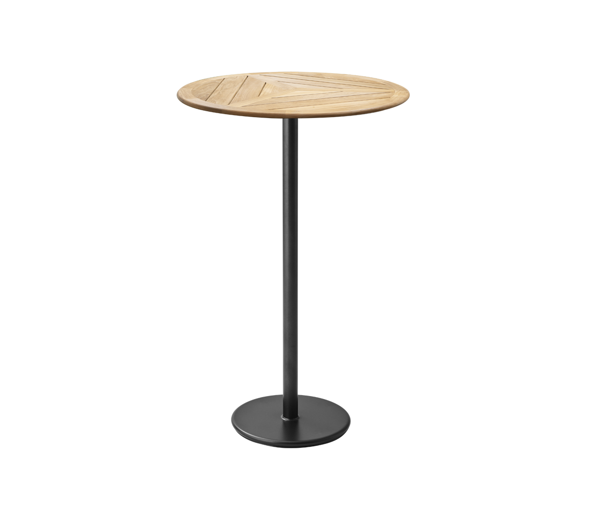 Round wooden table with a slatted top, supported by a sleek black metal pedestal base. Ideal for casual dining or social gatherings.