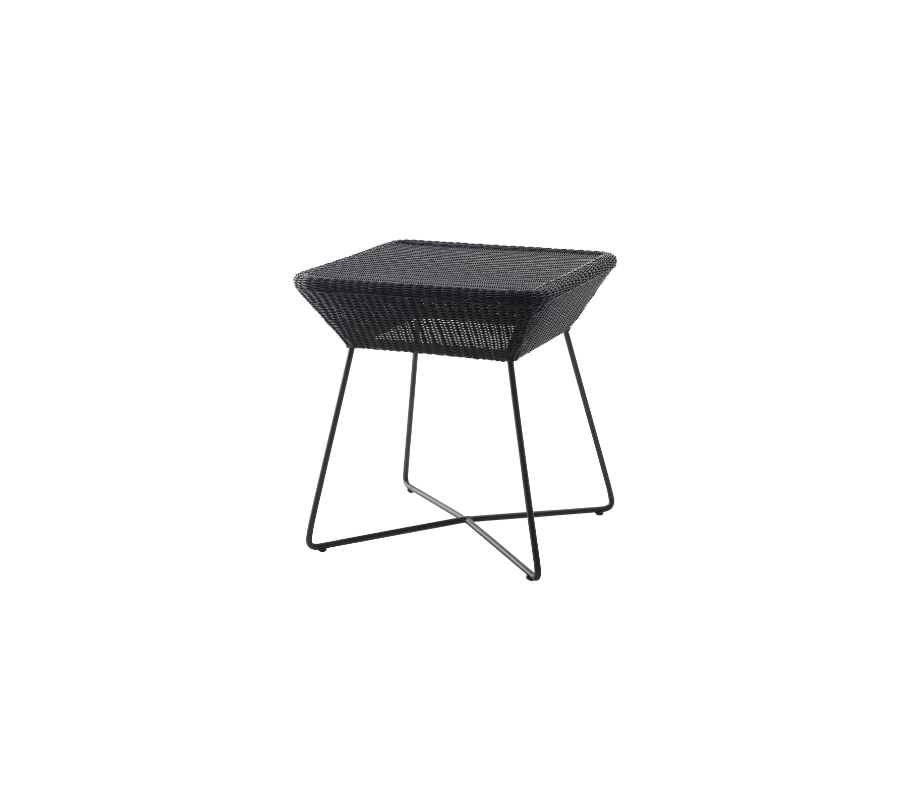 Black square side table with a mesh top and slender metal legs. Perfect for modern living spaces.